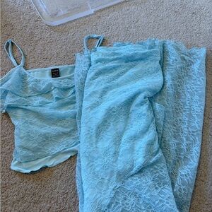 SHEIN Pale Blue Lace Crop Top & Skirt Set